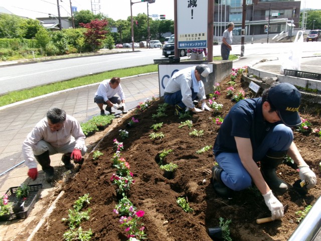 花壇で植え替えを行う会員たち＝函南町平井
