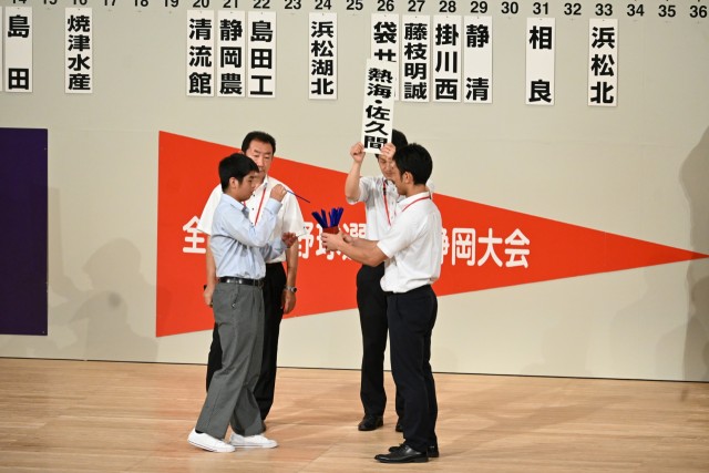 抽選する熱海の日吉主将（左）＝静岡市清水文化会館マリナート