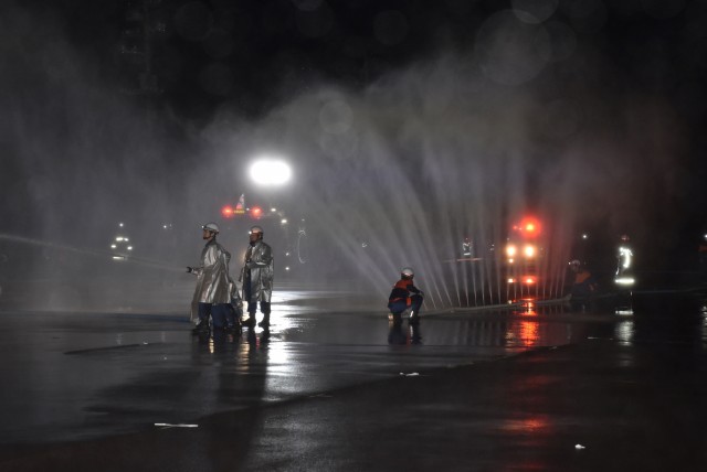 放水や水幕ホース設置など実践的な訓練に取り組む消防団員＝伊東市の大室山リフト駐車場