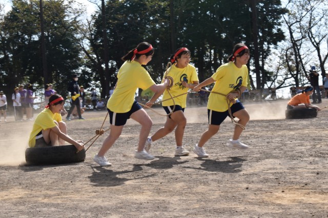 稲高祭体育の部でタイヤ引き競走を楽しむ生徒たち＝東伊豆町の稲取高（２０日）