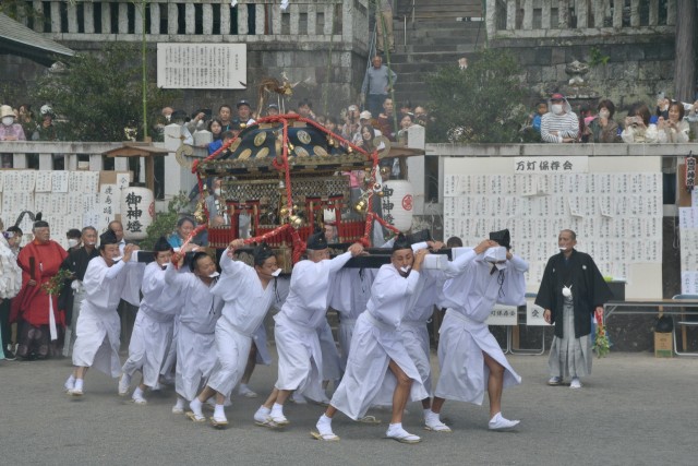 富戸の三島神社例祭でみこしを担ぎ境内を走り回る若衆＝伊東市富戸（２９日）