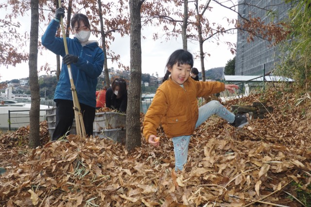 落ち葉かきで、枯れ葉の中に入ってはしゃぐ子ども＝熱海市伊豆山の徳田椎茸園（２８日）