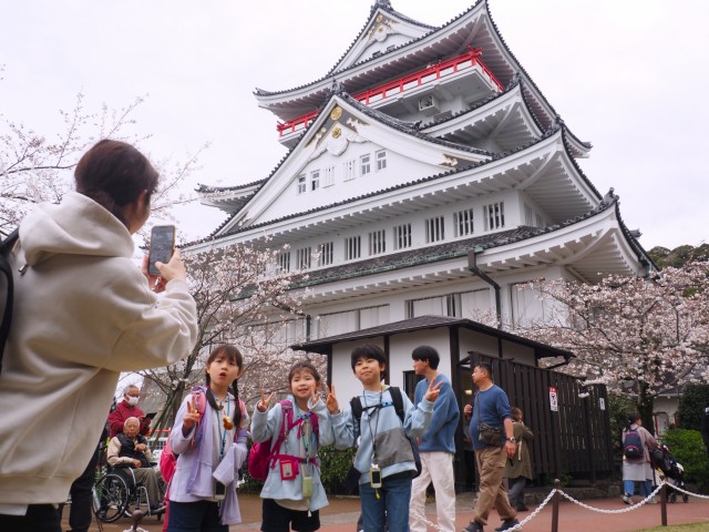 桜が咲く庭園で熱海城をバックに写真撮影を楽しむ観光客＝熱海市熱海の熱海城