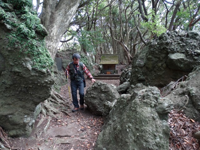 浅間山の山頂にある浅間神社の境内。礫を含む溶岩が点在、ウバガメシも密生し神霊漂う雰囲気だ。陸上火山の痕跡という